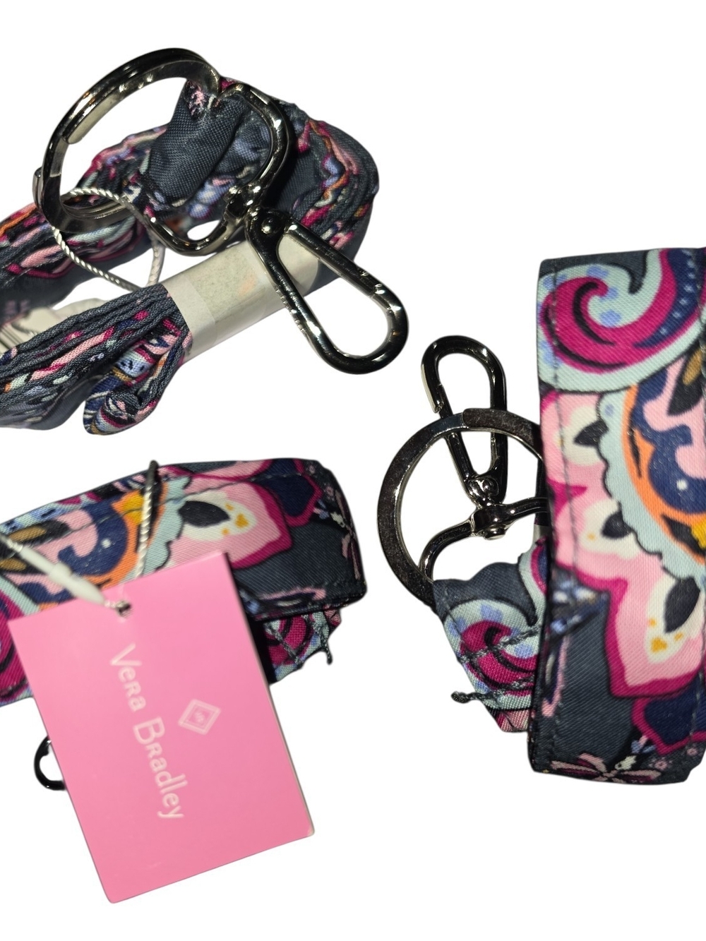 Vera Bradley Pink & Navy Paisley Keychain Lanyard with Silver Hardware NWT